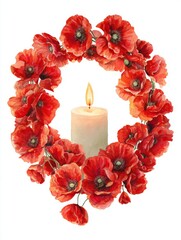Solemn dawn red poppy wreath encircling war memorial candle arrangement on white background