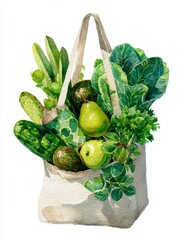Vibrant Green Toned Watercolor Illustration Of Eco Tote Bag Filled With Fresh Produce On White Background