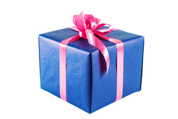 Elegant blue gift box with pink bow isolated on white background.