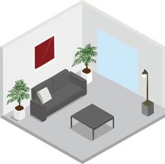 リビングのアイソメトリックなイラスト、グレー
Living room isometric illustration, gray