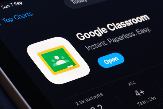 Google Classroom App Store listing on iPhone highlights remote learning and educational technology. Stafford, United Kingdom, August 7, 2024