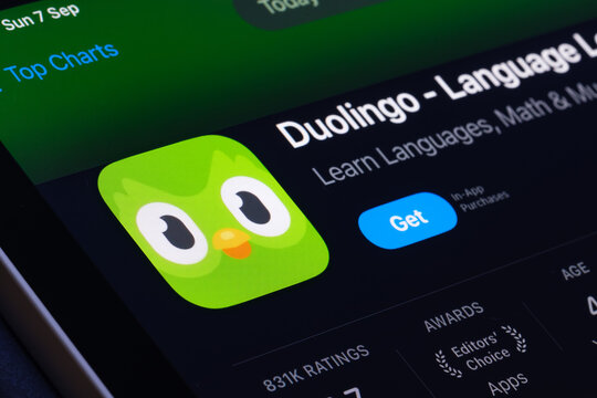 Duolingo App Store listing on iPhone highlights language learning apps and gamified education. Stafford, United Kingdom, August 7, 2024