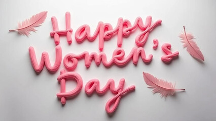 'Happy Women's Day' pink writing and feathers