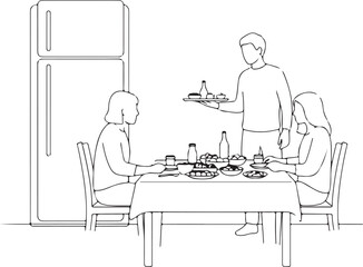 Family dinner scene with refrigerator line drawing