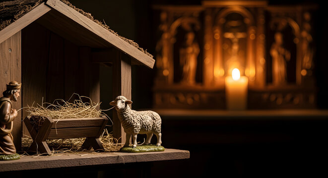 Traditional Christmas nativity scene with an empty manger in a stable, awaiting the birth of Jesus