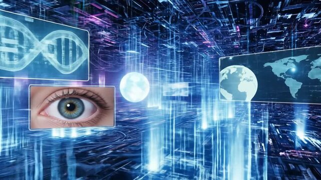 Futuristic digital space with DNA eye and globe displays - Powered by Adobe