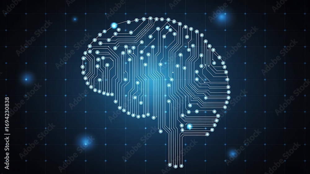 Poster futuristic digital brain with glowing circuit lines on black grid