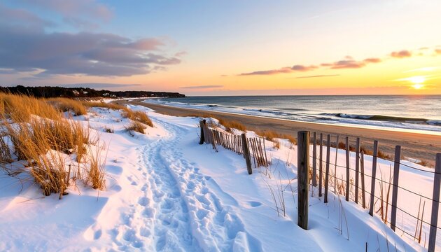 A winter scene at the coast featuring a snowy path leading to the ocean. Gentle light bathes the scene, highlighting footprints in the snow and a fence along the dunes. The sunset colors paint the sky - Powered by Adobe