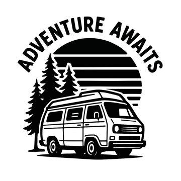 Adventure Awaits! Iconic Vintage Camper Van Road Trip Design for Van Life Enthusiasts. Embrace the Freedom of the Open Road with this Retro Graphic Featuring a Classic VW Bus, Pine Trees, and a Stylis