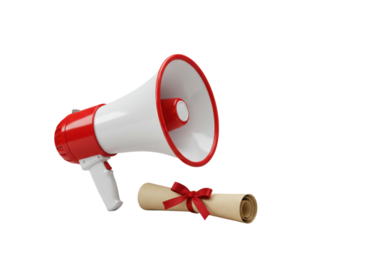 A modern, transparent and red megaphone alongside an aged parchment scroll with a crimson ribbon, isolated on a transparent background with high-key lighting, product showcase concept