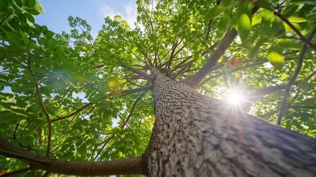 Low angle view looking up at a tree trunk and canopy