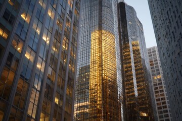 Tall buildings reflect golden hues as evening lights illuminate the urban landscape creating a modern city vibe