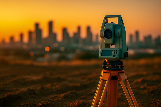 Total Station Theodolite on Tripod at Construction Site &mdash; Land Surveying at Sunset with City Skyline Bokeh
