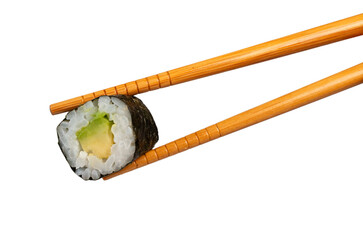 Chopsticks holding avocado maki sushi roll with transparent background