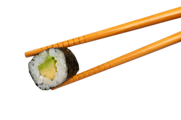 Chopsticks holding avocado maki sushi roll with transparent background