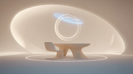 Futuristic Office Pod with Ashwood Desk and Acrylic Sculptural Chair, Seamless Matte White Biomorphic Space, Integrated LED Lighting, Holographic Display, Isometric View