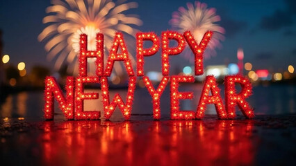 'Happy New Year' neon and fireworks