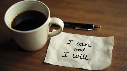 'I can and I will' note and a cup of coffee