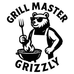 Grill Master Grizzly Logo: A Cool Bear in Sunglasses & Apron, Expertly Grilling with a Fork over Hot Flames. Perfect BBQ Mascot for Pitmasters & Backyard Cookouts. Bold, Fun & Unique Culinary Design.
