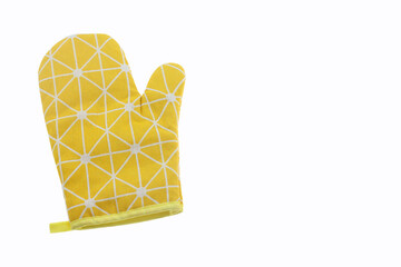 a yellow oven mitt on the left sight, designed for kitchen safety, cooking, a baking protection, from hot pots, pans, and oven trays, yellow essential kitchen accessory, isolated on white background 