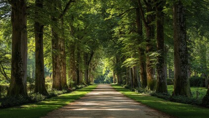 Naklejka premium A sunlit pathway lined with lush trees