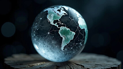 Glass earth globe on black background