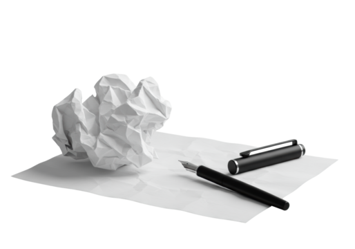 White crumpled paper, intricate texture, sleek black fountain pen, on transparent studio background, soft 45-degree lighting, elegant refined product photography concept