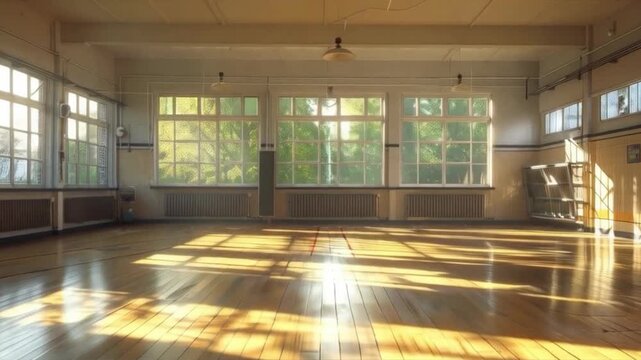 Sunlight in a spacious empty hall with wooden floors and large windows. Suitable for advertising dance or yoga studios, photos for articles on interior design, covers of magazines about healthy lifest