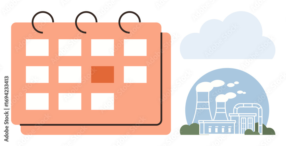 Aufkleber calendar with highlighted date next to a factory emitting smoke into the atmosphere. ideal for sched