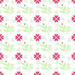 Seamless Floral Pattern with Pink Red Flowers and Green Leaves on White Background