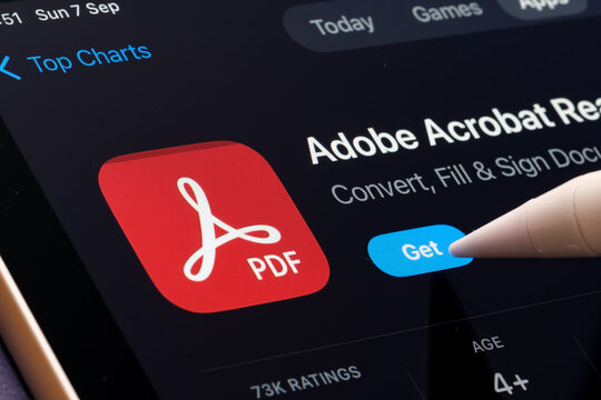 Adobe Acrobat Reader App Store listing on iPhone highlights PDF scanning and editing tools on mobile. Stafford, United Kingdom, August 7, 2024