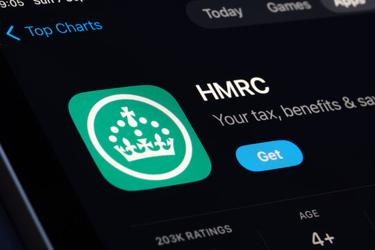 HMRC App Store listing on iPhone highlights tax and benefits management with government digital services. Stafford, United Kingdom, August 7, 2024