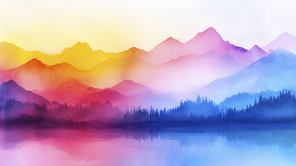 Obraz premium Ethereal watercolor landscape featuring vibrant mountains and serene lake reflecting colorful hues