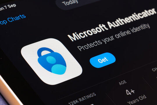 Microsoft Authenticator App Store listing on iPhone highlights two-factor authentication and security. Stafford, United Kingdom, August 7, 2024