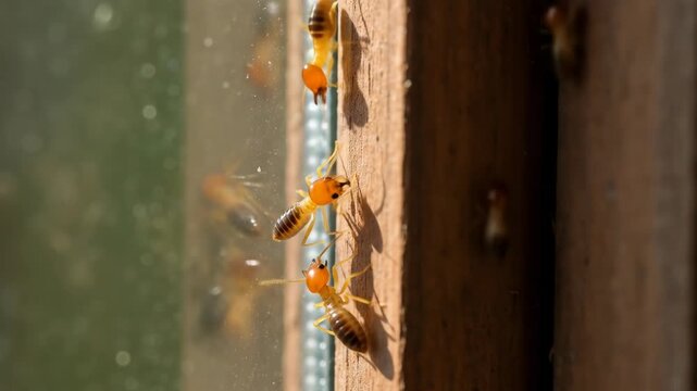 Termite infestation poses a threat to a wooden structure, visible on a window frame, Orange-headed termites destroy a wooden frame, causing damage and structural weakness