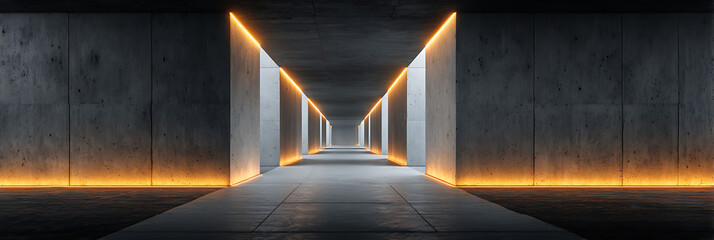 A long, empty, modern corridor with minimalist concrete walls and a symmetrical design. Warm, glowing lights line the edges, creating a futuristic and atmospheric pathway.
