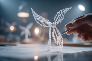 Innovation in clean energy: Hand designing 3D-printed wind turbine model.