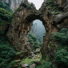 Fototapeta premium Natural archway through rugged mountains. Lush greenery surrounds