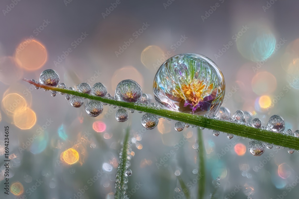 Poster macro photo of a vibrant flower reflection within a dewdrop on grass, bokeh.