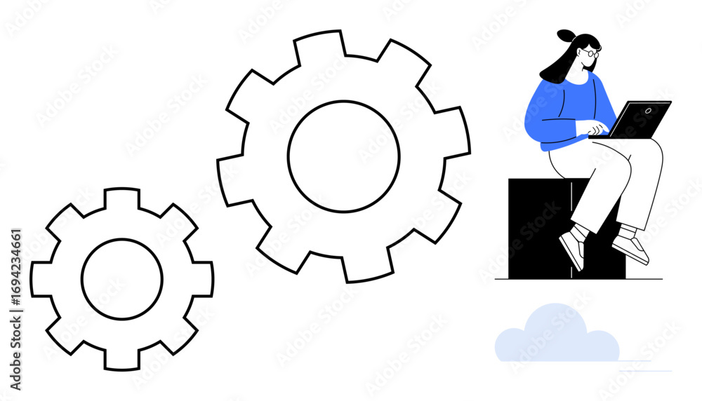 Poster woman sitting on a block working on a laptop next to oversized gears and a cloud. ideal for workflow