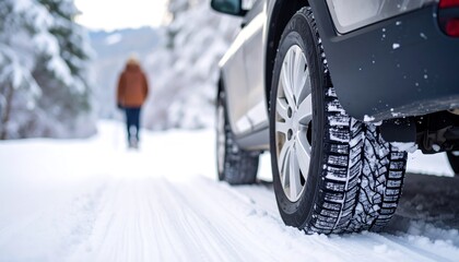 Fototapeta premium A wintery scene depicts a vehicle parked on a snow-covered road with a blurred figure of a person walking in the background, surrounded by trees. The tires' treads are visible