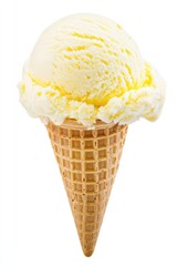 Butter yellow ice cream scoop with creamy texture in waffle cone isolated on white background