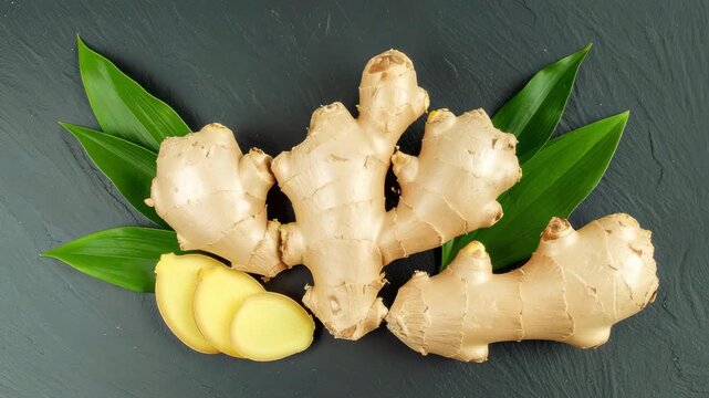 Fresh ginger and its green leaf on a black table. The ginger's natural form and texture contrast nicely with the leaf's smooth appearance