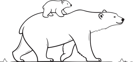 Polar Bear Mother and Cub Walking Together Line Art