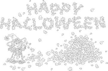 Happy Halloween card with a cute little witch waving a magic wand and writing her greeting with leaves from a large pile of fallen autumn leafage, black and white vector illustration