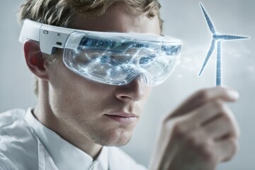 Man in AR goggles conceptualizes wind energy for a sustainable future.