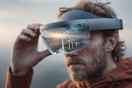 Augmented reality vision of wind turbines for sustainable energy planning. - Powered by Adobe