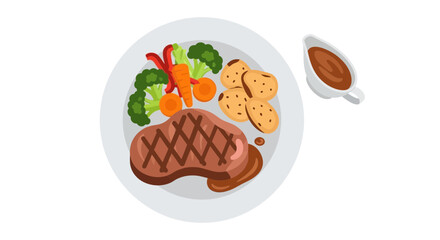 Delicious beef steak with roasted potatoes and fresh vegetables assortment