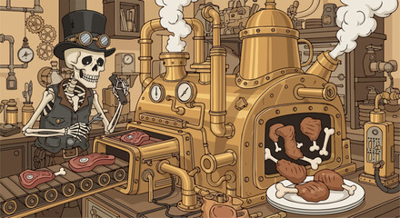 Steampunk factory scene with skeleton worker at steampunk factory. This steampunk factory produces meat, bones are seen in the oven. Funny steampunk factory scene for animation or creative projects,