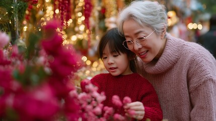 Grandmother and granddaughter enjoy flower shopping at a festive market during the holiday season in a warm setting